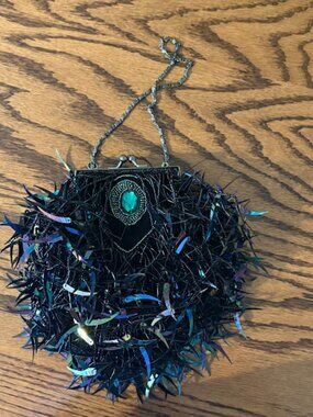 Chicos Vintage Iridescent Black Evening Bag Purse Shoulder w/Chain - EUC